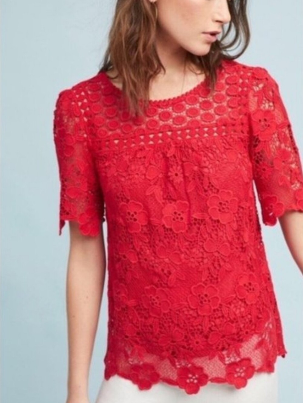 Anthropologie × Vanessa Virginia Candace Red Crochet Lace Top Floral Blouse 6
